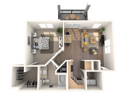 A 3D rendered image of a house layout.